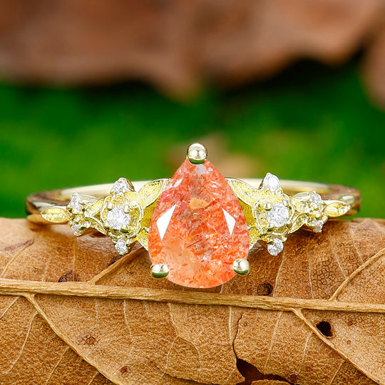 Elegant Floral Pear Cut Natural Sunstone Engagement Ring Anniversary Bridal Ring