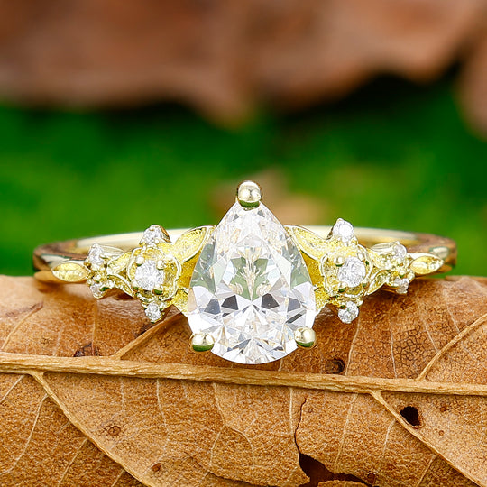 Classic 1.3CT Pear Cut Lab Grown Diamond Ring Deco Lab Grown Diamond Floral Women Fine Ring