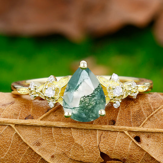 Elegant Floral Pear Cut Natural Moss Agate Engagement Ring Anniversary Birthday Ring