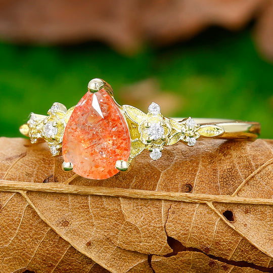 Elegant Floral Pear Cut Natural Sunstone Engagement Ring Anniversary Bridal Ring