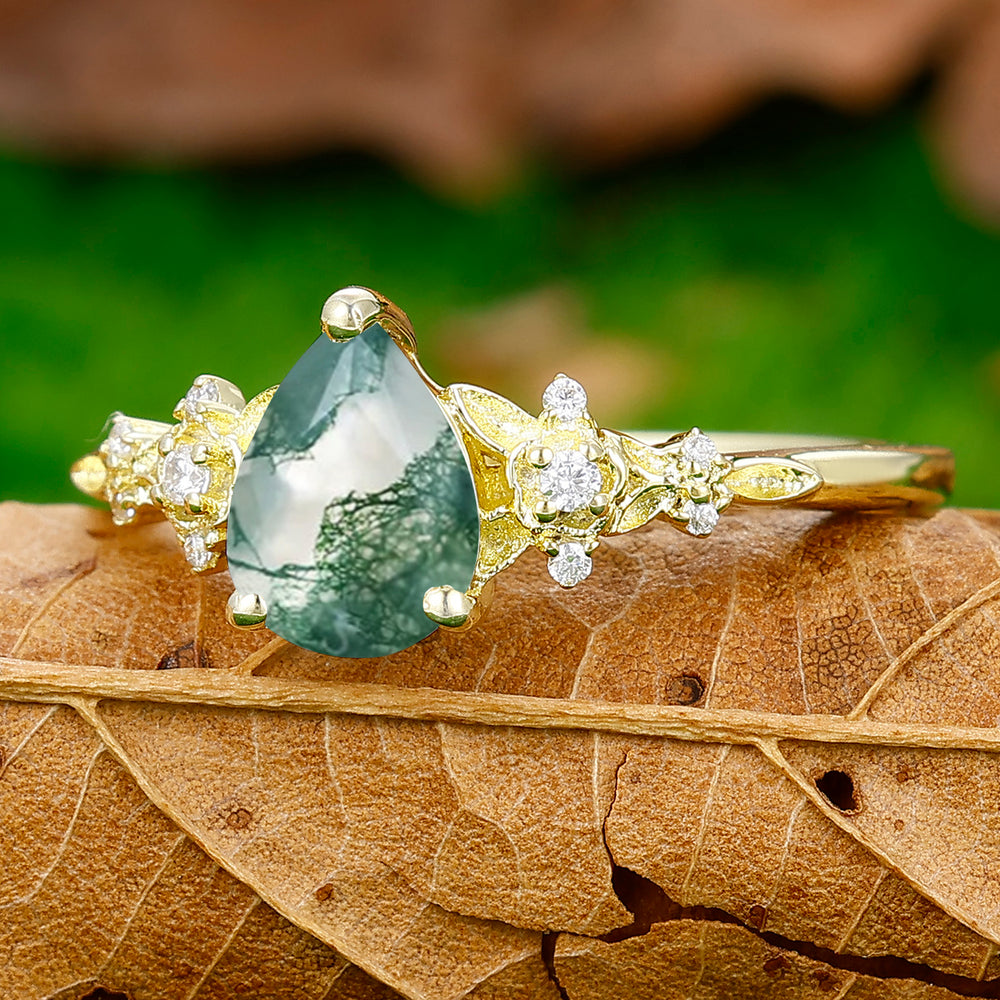 Elegant Floral Pear Cut Natural Moss Agate Engagement Ring Anniversary Birthday Ring