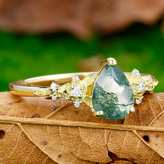 Elegant Floral Pear Cut Natural Moss Agate Engagement Ring Anniversary Birthday Ring