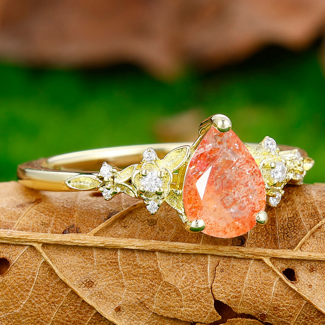 Elegant Floral Pear Cut Natural Sunstone Engagement Ring Anniversary Bridal Ring