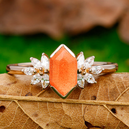 Elongated Hexagon Cut Sunstone Ring Petal Shape Women Anniversary Ring