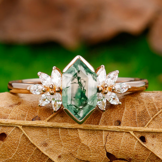 Elongated Hexagon Cut Moss Agate Ring Petal Shape Women Bridal Ring