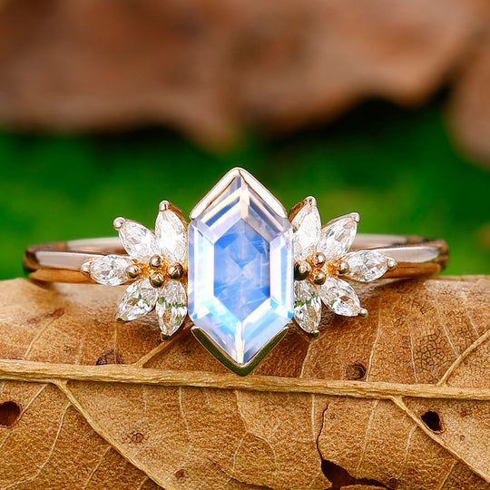 Elongated Hexagon Cut Moonstone Ring Petal Shape Women Fine Ring