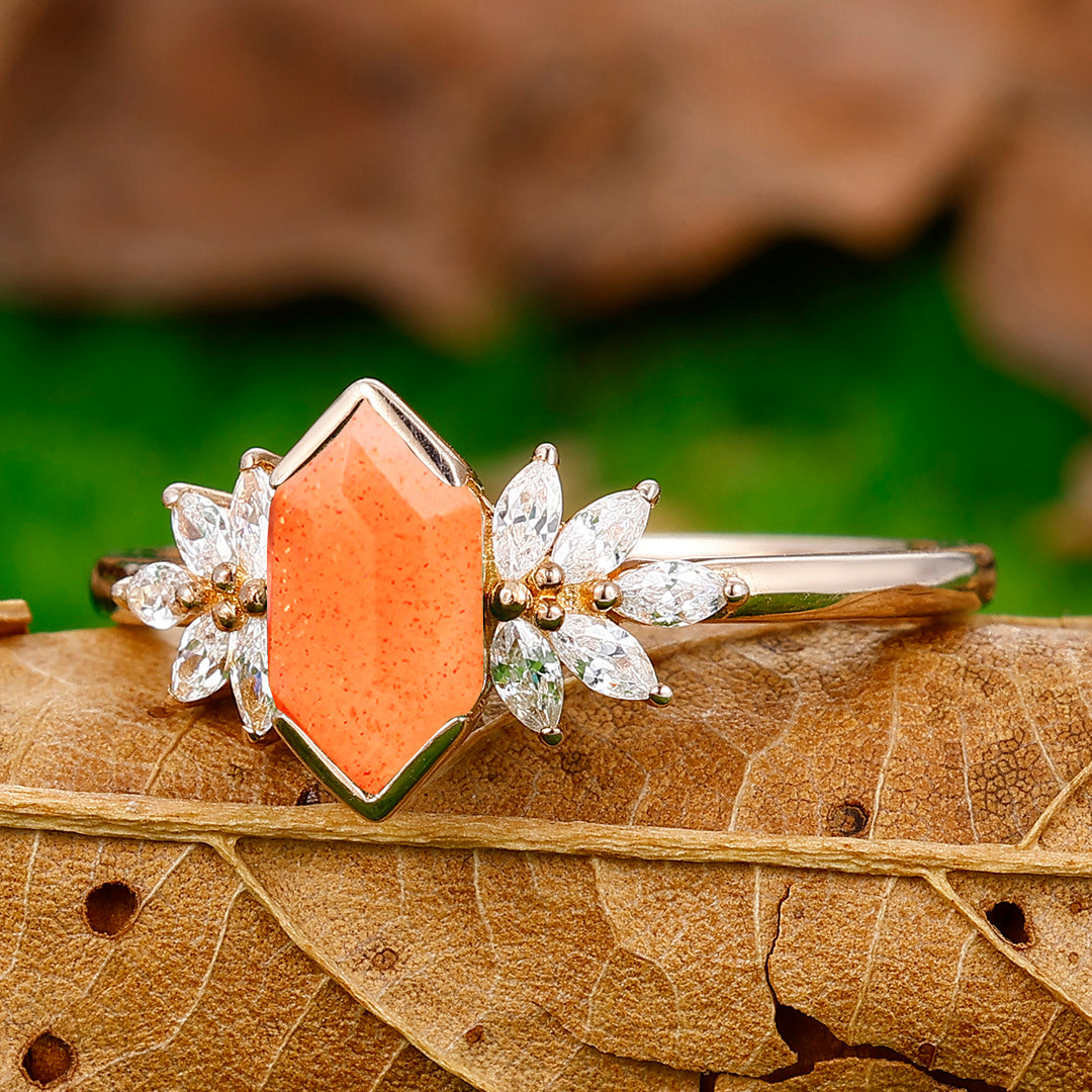 Elongated Hexagon Cut Sunstone Ring Petal Shape Women Anniversary Ring