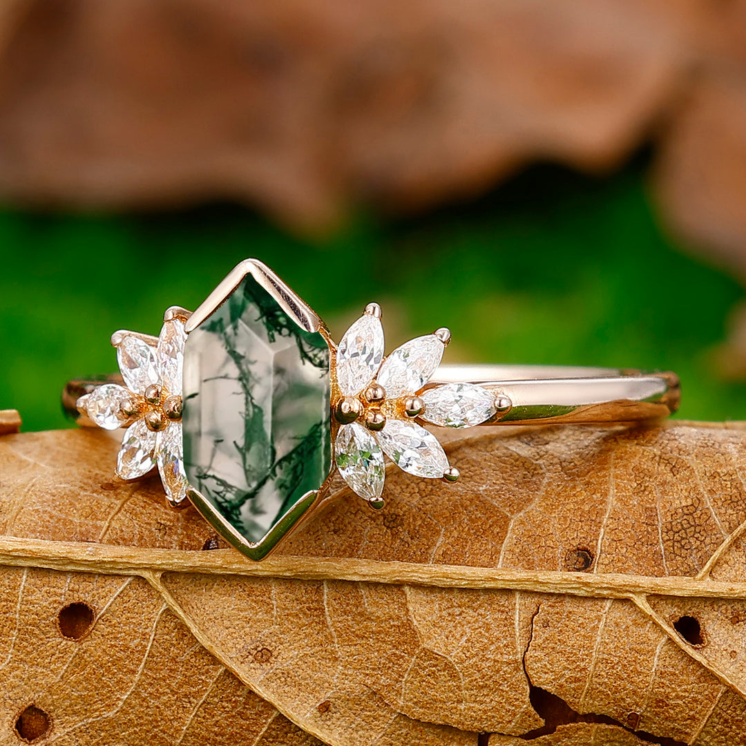 Elongated Hexagon Cut Moss Agate Ring Petal Shape Women Bridal Ring