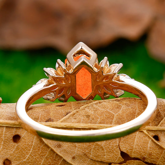 Elongated Hexagon Cut Sunstone Ring Petal Shape Women Anniversary Ring