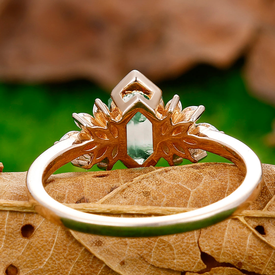 Elongated Hexagon Cut Moss Agate Ring Petal Shape Women Bridal Ring