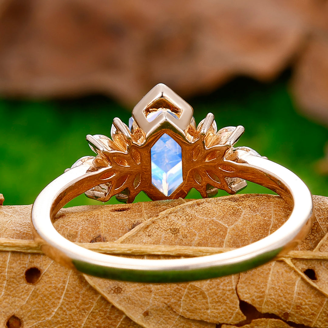 Elongated Hexagon Cut Moonstone Ring Petal Shape Women Fine Ring