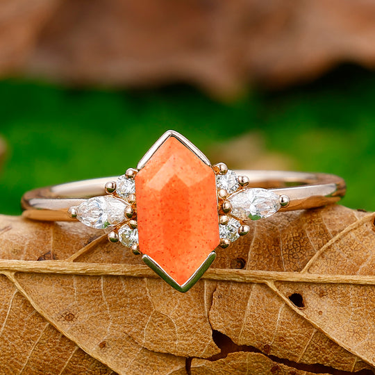 Retro Long Hexagon Cut Sunstone Ring 925 Sterling Silver Ring Solid Gold Ring