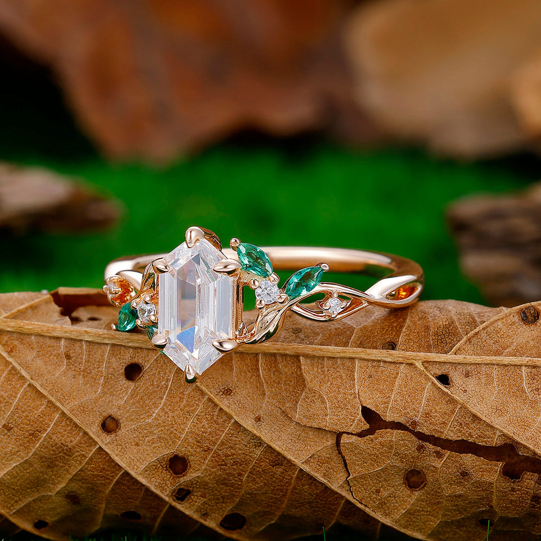 Long Hexagon Cut Moissanite 14k Solid Gold Art Deco Leaf