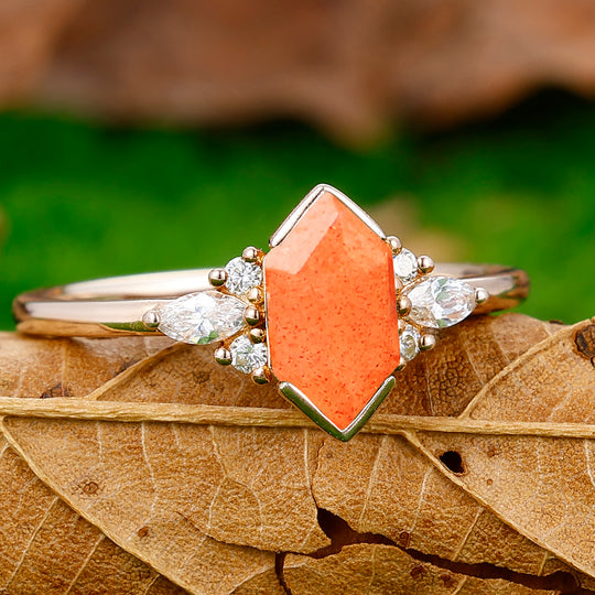 Retro Long Hexagon Cut Sunstone Ring 925 Sterling Silver Ring Solid Gold Ring