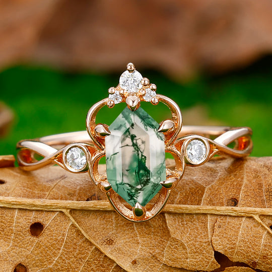 Hollow Classic Long Hexagon Cut Moss Agate Engagement Vine Ring Anniversary Bridal Ring