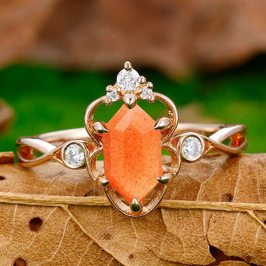 Promise Hollow Long Hexagon Cut Sunstone Vine Ring Bridal Ring Gift