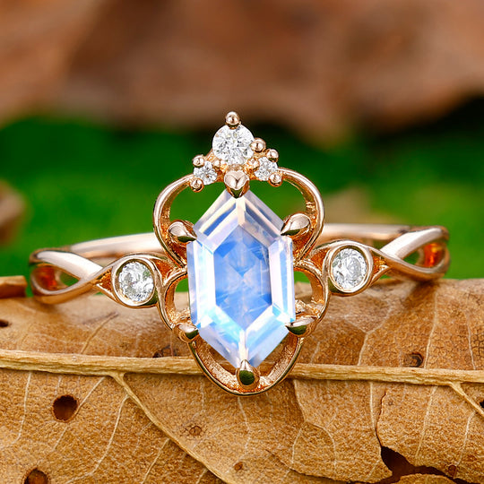 Unique Hollow Long Hexagon Cut Moonstone Engagement Ring Vine Women Promise Ring