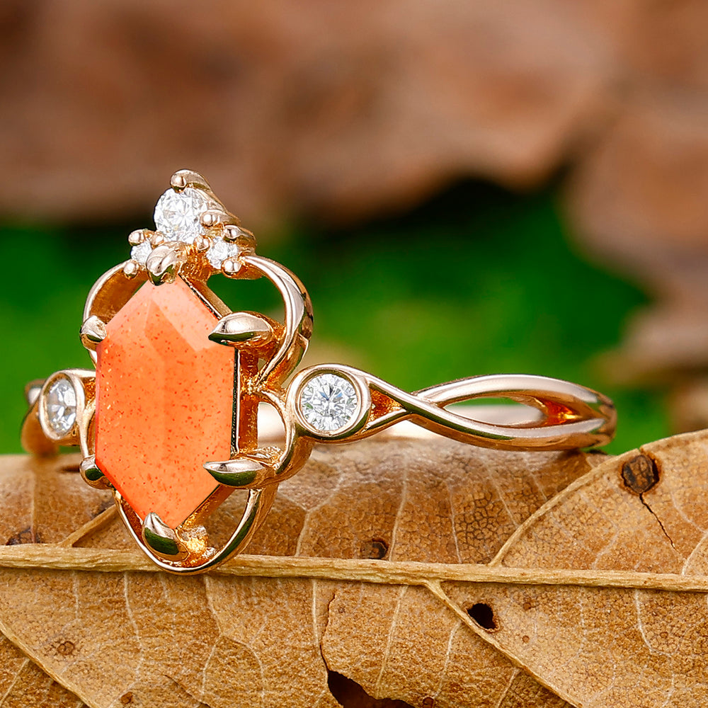 Promise Hollow Long Hexagon Cut Sunstone Vine Ring Bridal Ring Gift