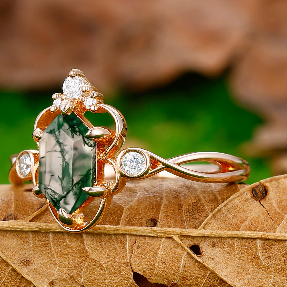 Hollow Classic Long Hexagon Cut Moss Agate Engagement Vine Ring Anniversary Bridal Ring