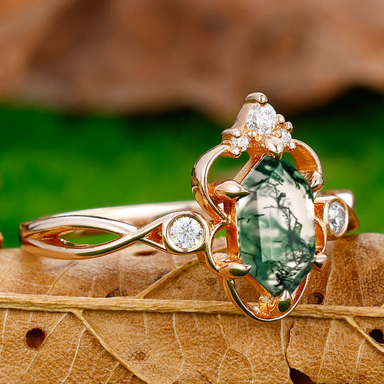 Hollow Classic Long Hexagon Cut Moss Agate Engagement Vine Ring Anniversary Bridal Ring