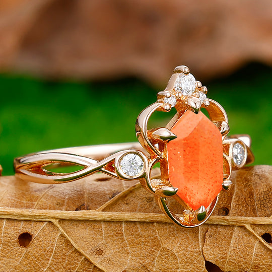 Promise Hollow Long Hexagon Cut Sunstone Vine Ring Bridal Ring Gift