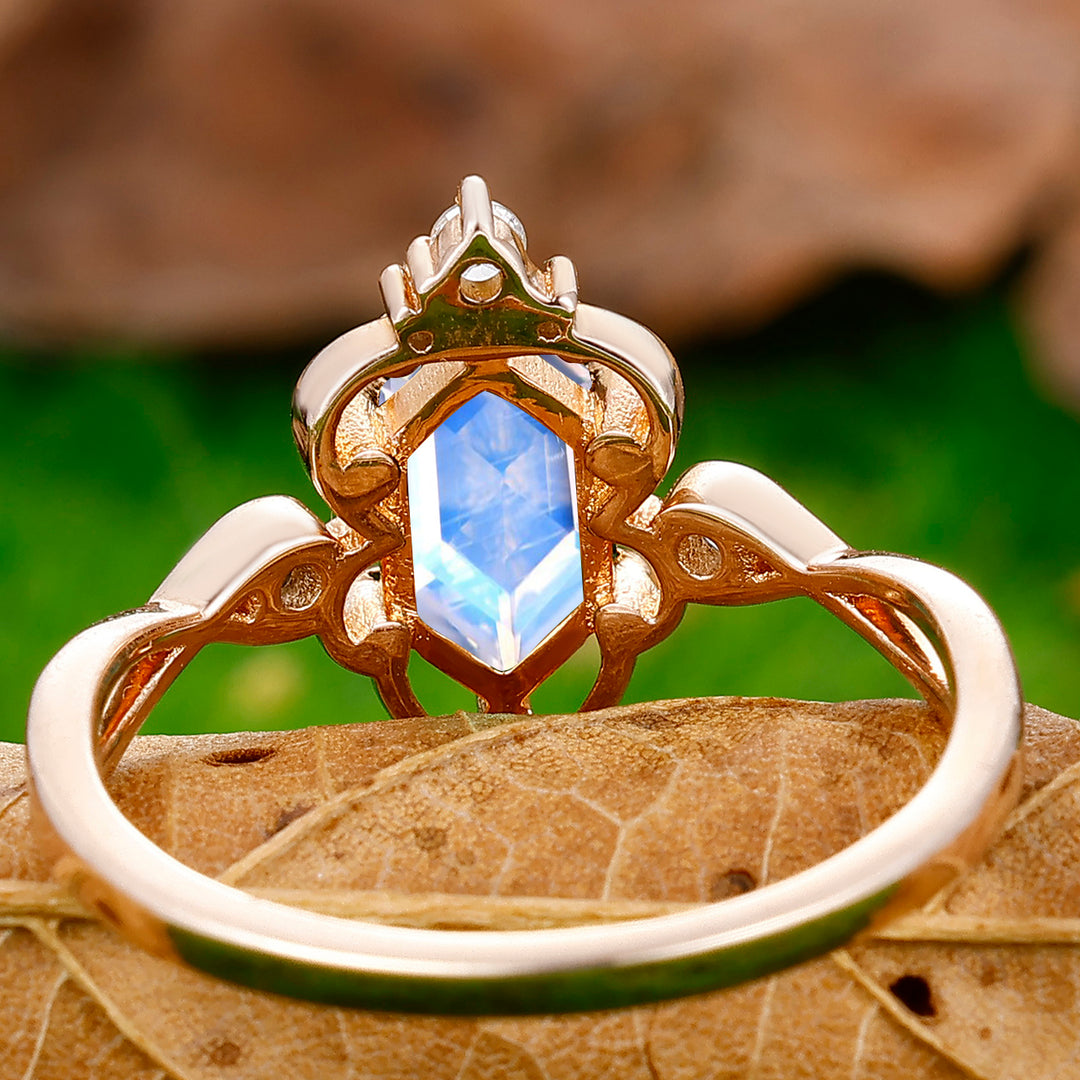 Unique Hollow Long Hexagon Cut Moonstone Engagement Ring Vine Women Promise Ring