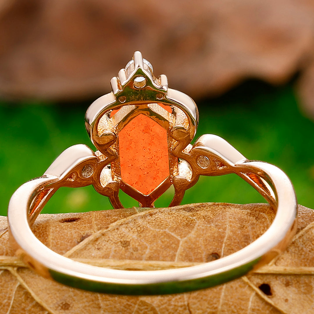 Promise Hollow Long Hexagon Cut Sunstone Vine Ring Bridal Ring Gift