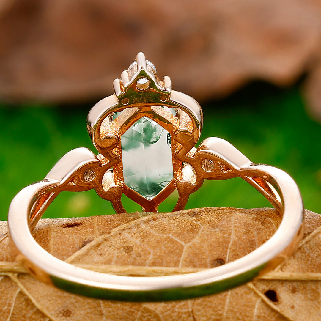 Hollow Classic Long Hexagon Cut Moss Agate Engagement Vine Ring Anniversary Bridal Ring