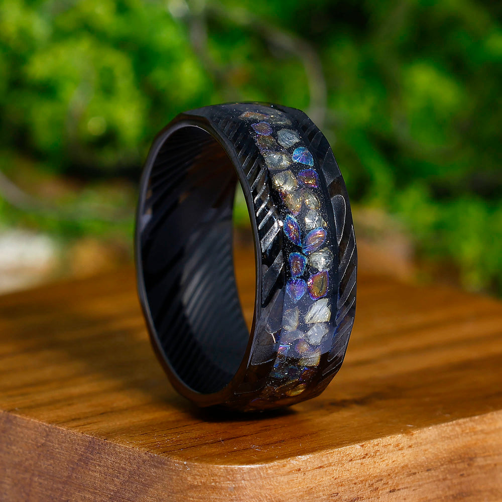 Colorful Opal 8mm  Damascus Steel Wedding Band Unique Men's Ring