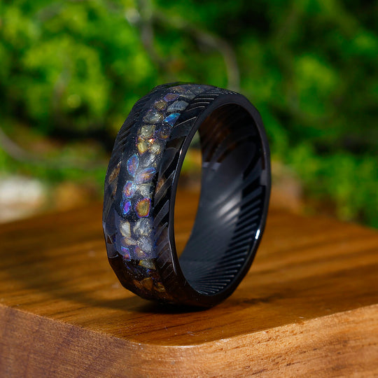 Colorful Opal 8mm  Damascus Steel Wedding Band Unique Men's Ring