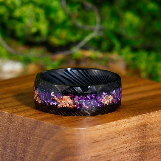 Hammered Damascus Steel - Crushed Gold Foil and Amethyst Inlay Men’s Promise Ring For Birthday Gift