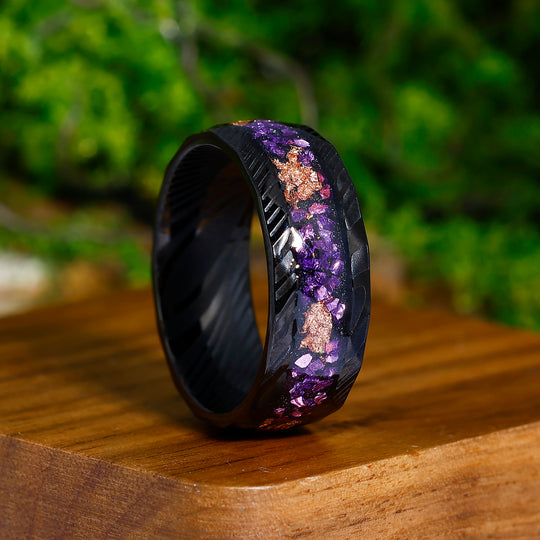 Hammered Damascus Steel - Crushed Gold Foil and Amethyst Inlay Men’s Promise Ring For Birthday Gift