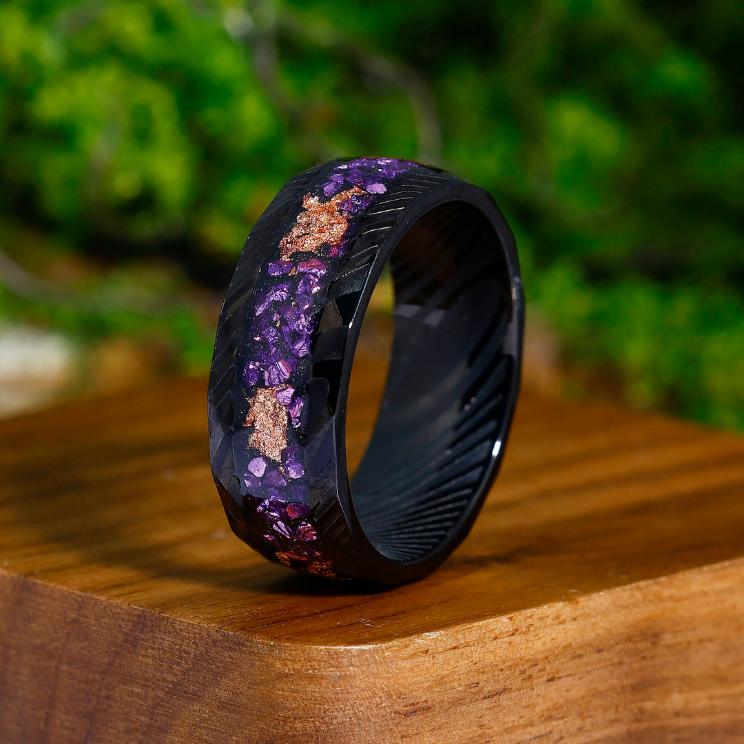 Hammered Damascus Steel - Crushed Gold Foil and Amethyst Inlay Men’s Promise Ring For Birthday Gift