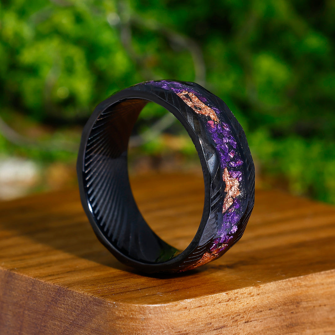 Hammered Damascus Steel - Crushed Gold Foil and Amethyst Inlay Men’s Promise Ring For Birthday Gift