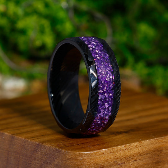 Natural Amethyst Damascus Steel Men' s Ring Hammered Black Unisex Wedding Band