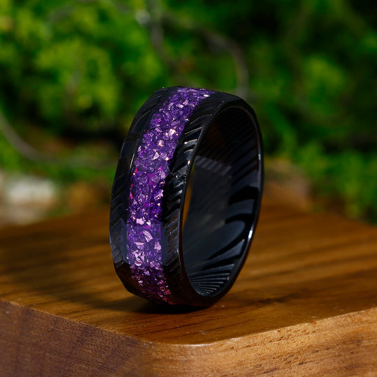 Natural Amethyst Damascus Steel Men' s Ring Hammered Black Unisex Wedding Band