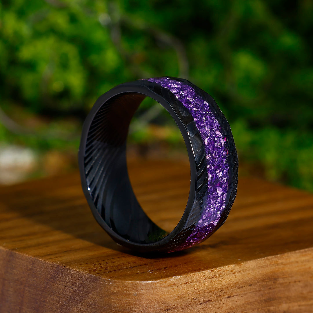 Natural Amethyst Damascus Steel Men' s Ring Hammered Black Unisex Wedding Band