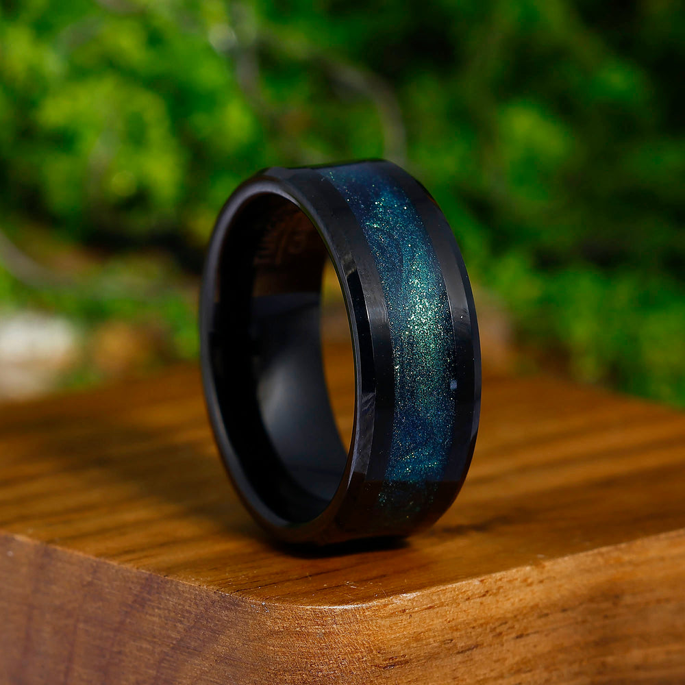 Blue Green Glitter Universe Galaxy Quicksand Black Men's Tungsten Ring Anniversary Gift