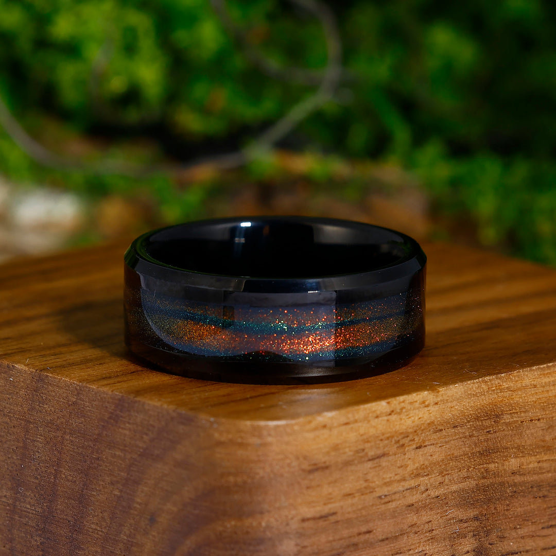 Unique Orange Blue Glitter Galaxy Quicksand Tungsten Ring 8mm Men's Ring Anniversary Gift