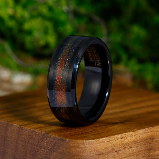 Unique Orange Blue Glitter Galaxy Quicksand Tungsten Ring 8mm Men's Ring Anniversary Gift