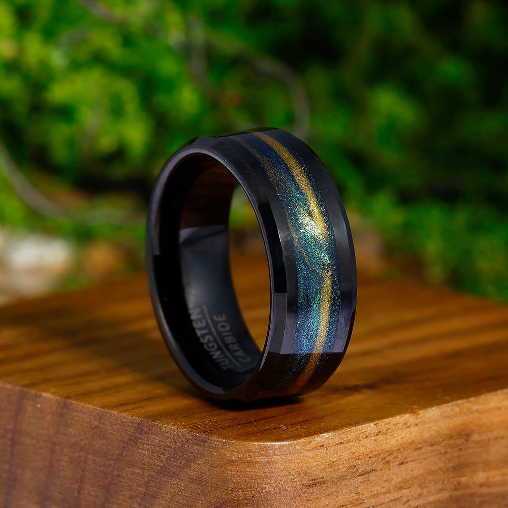 Nebula Brown Green Flowing Sand Inlay 8mm Tungsten  Men’s Wedding Band Unisex Rings