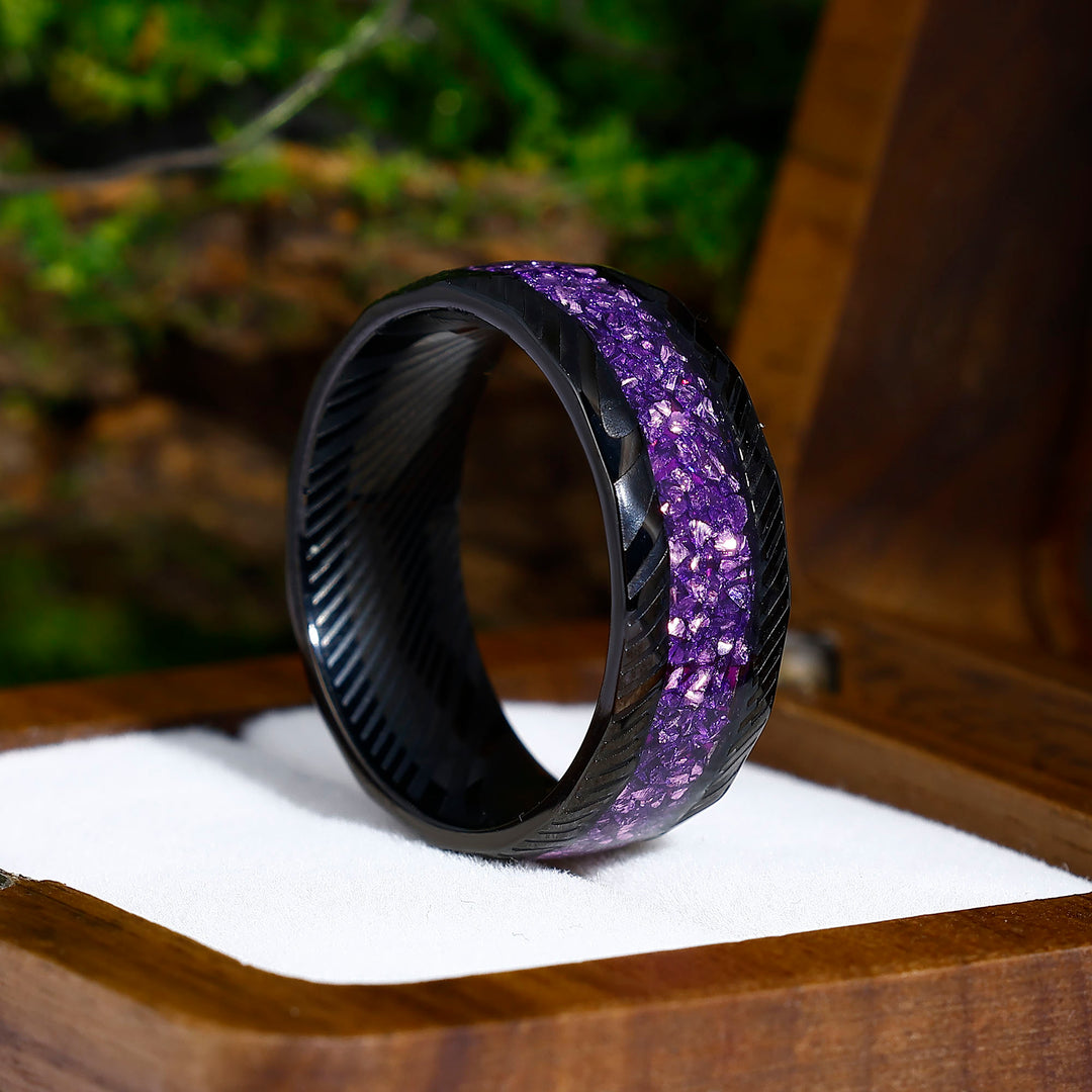 Natural Amethyst Damascus Steel Men' s Ring Hammered Black Unisex Wedding Band