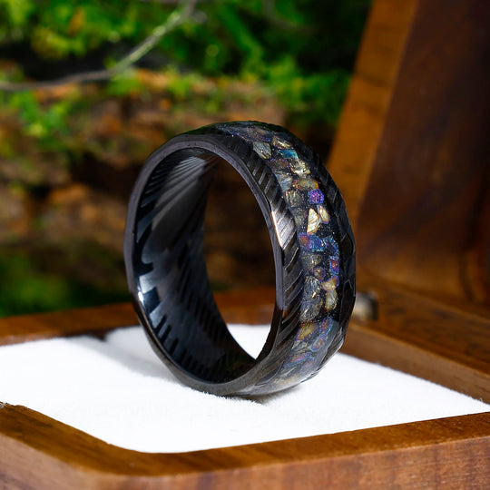 Colorful Opal 8mm  Damascus Steel Wedding Band Unique Men's Ring