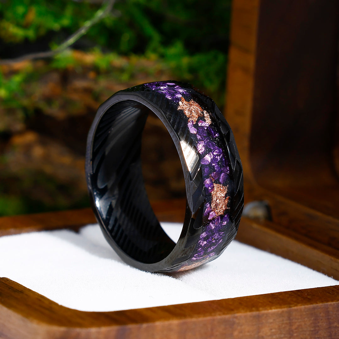 Hammered Damascus Steel - Crushed Gold Foil and Amethyst Inlay Men’s Promise Ring For Birthday Gift