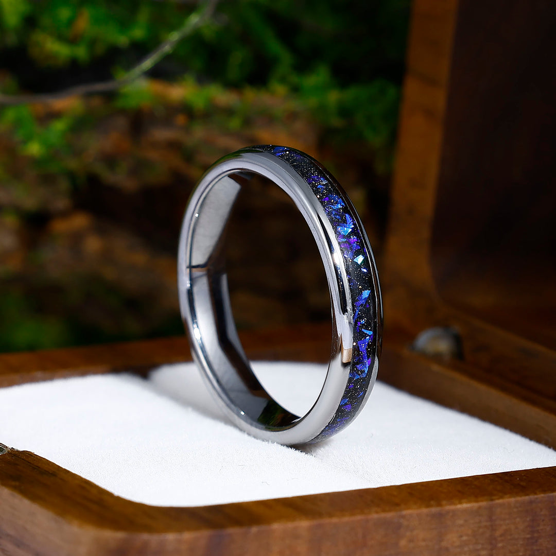 Verpletterde natuurlijke lapis lazuli trouwring nevel bijpassende band zilveren wolfraam herenring wolfraamcarbide unisex ring belofte ring voor vrouwen