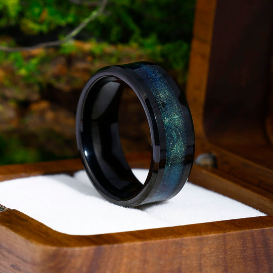 Blue Green Glitter Universe Galaxy Quicksand Black Men's Tungsten Ring Anniversary Gift