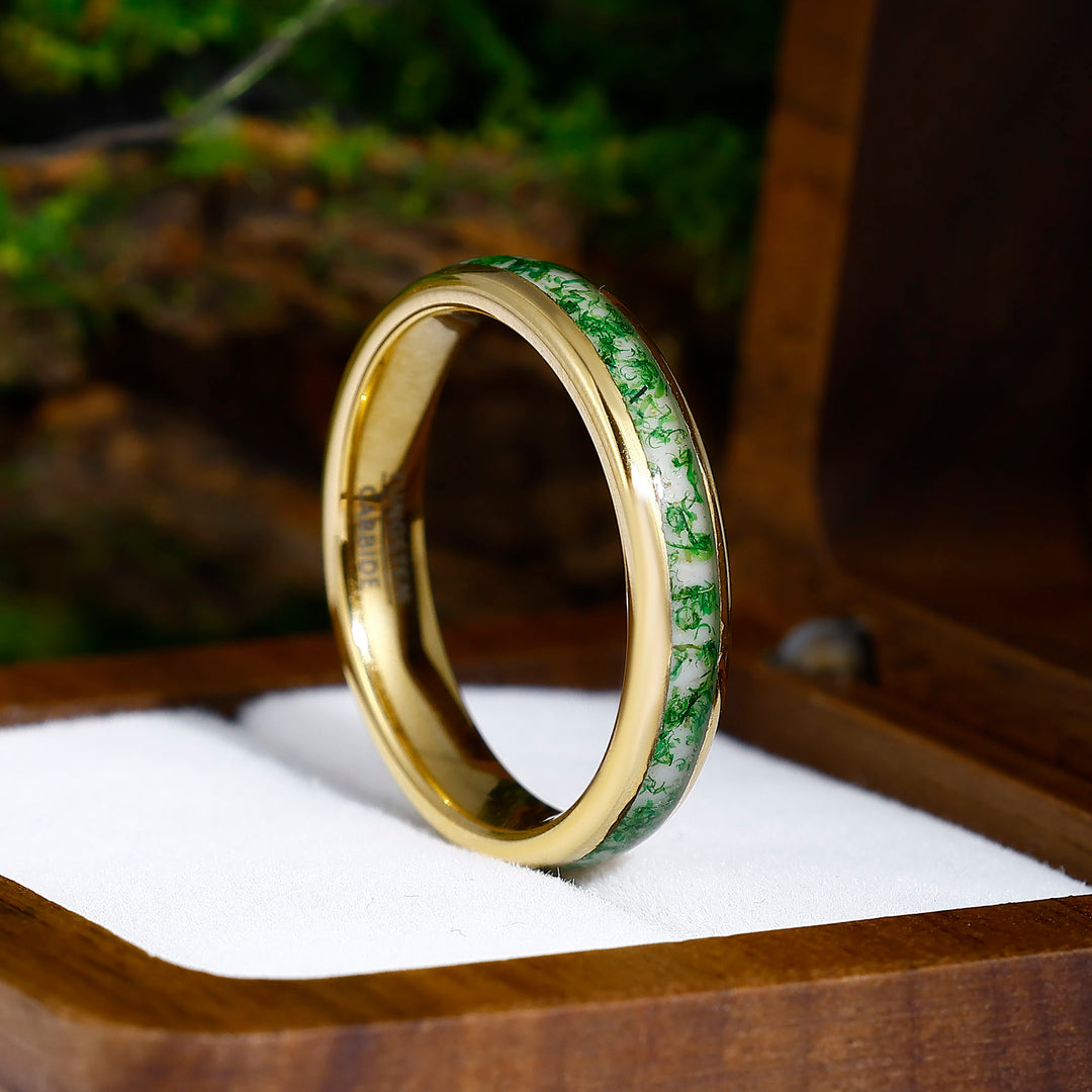 4mm Natural Moss Agate Tungsten Men' s Ring Yellow Gold Plated Tungsten Unisex Ring