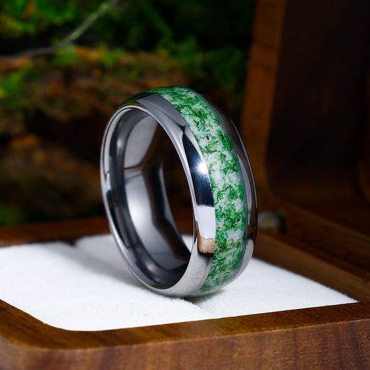 Green Moss Agate Inlaid Tungsten Ring 8mm Men's Engagement Ring Promise Ring