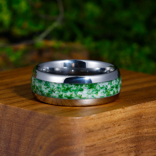 Green Moss Agate Inlaid Tungsten Ring 8mm Men's Engagement Ring Promise Ring