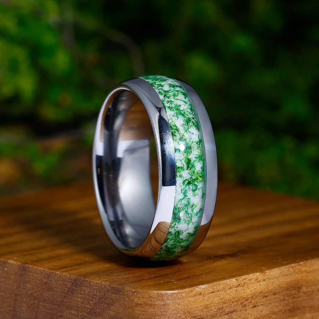 Green Moss Agate Inlaid Tungsten Ring 8mm Men's Engagement Ring Promise Ring